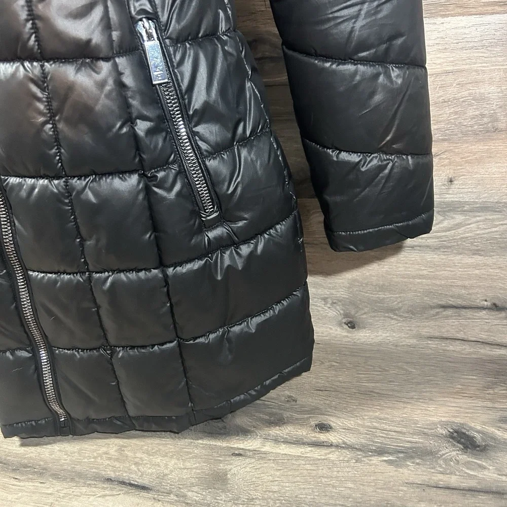 Kenneth Cole Women Silvery Mauve Black Puffer Jacket Hood Quilted Small Overcoat